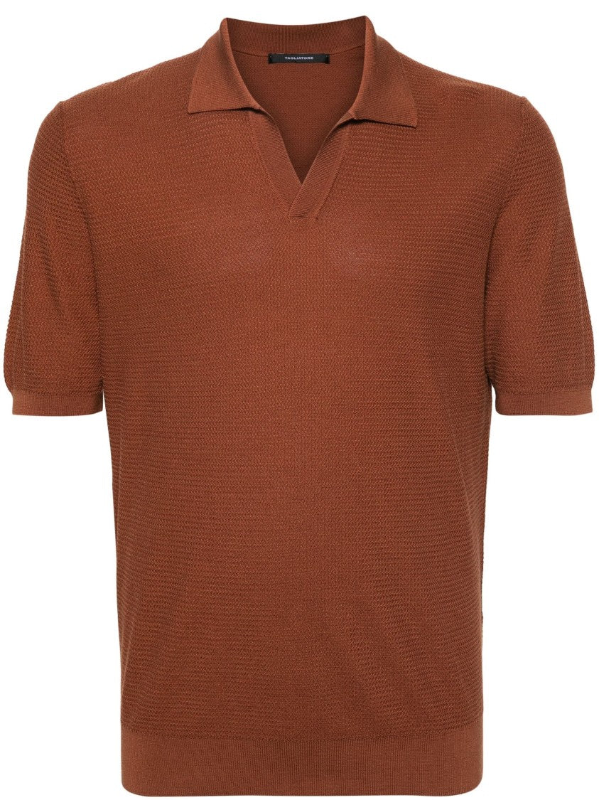 Tagliatore Textured Knit Brown Short Sleeve Polo Shirt