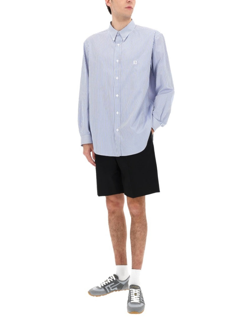 Balmain Blue Vertical Stripes Embroidered Shirt