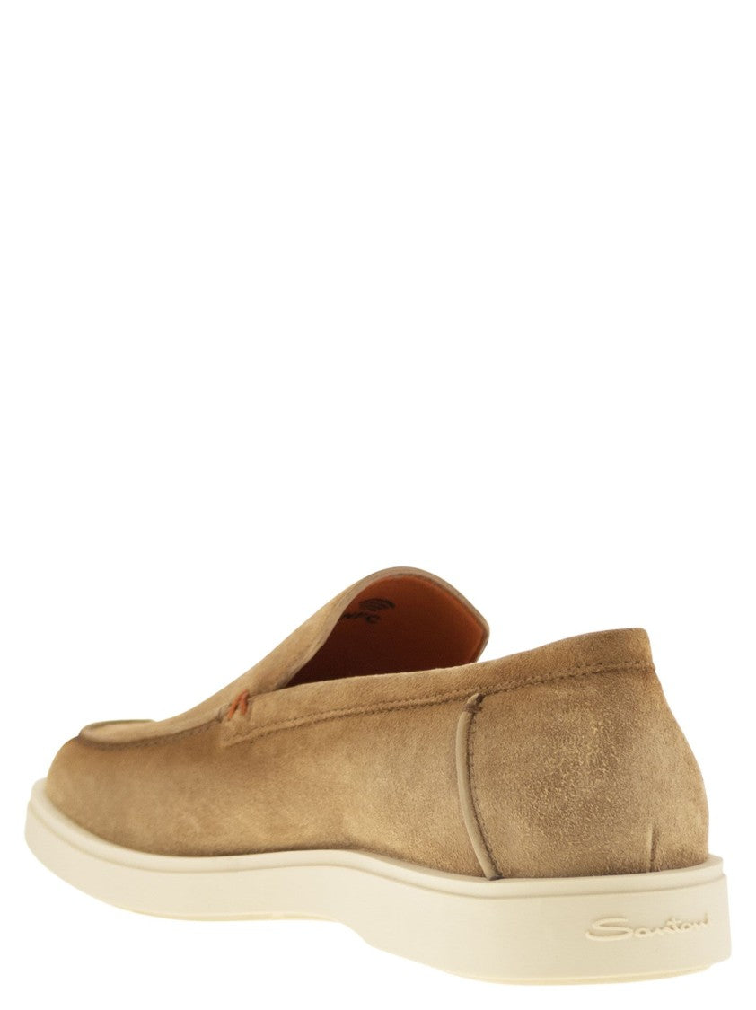 Santoni Suede Moccasin With Orange Thread Detailing