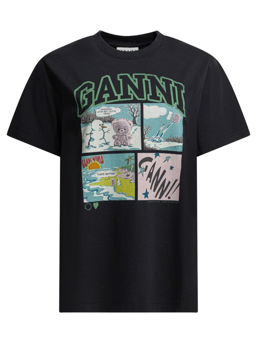 Ganni Short-Sleeved T-Shirt With Bear Graphic Print