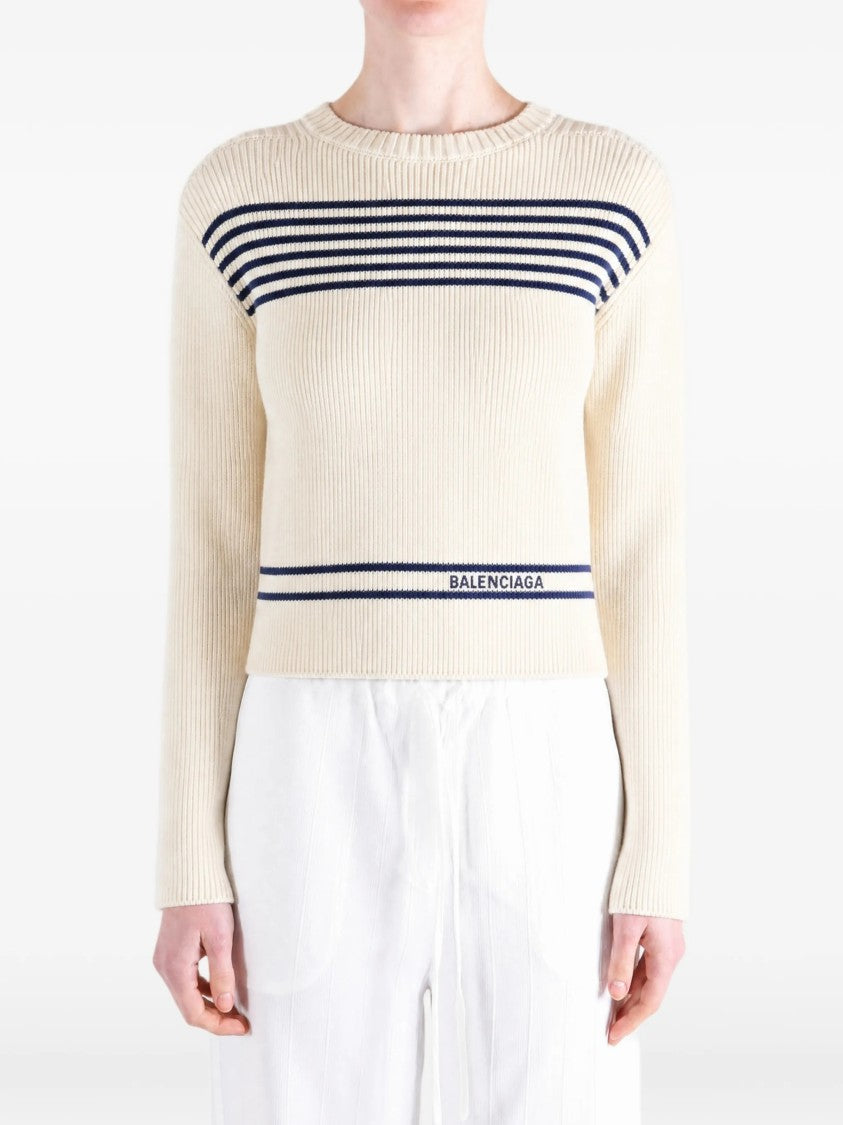 Balenciaga Cropped Boatneck Sweater With Nautical Stripes