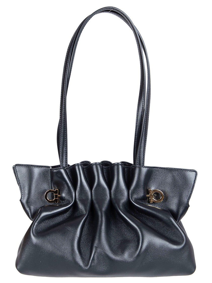 Ferragamo Gathered Black Nappa Leather Soft Bag With Gold Accents