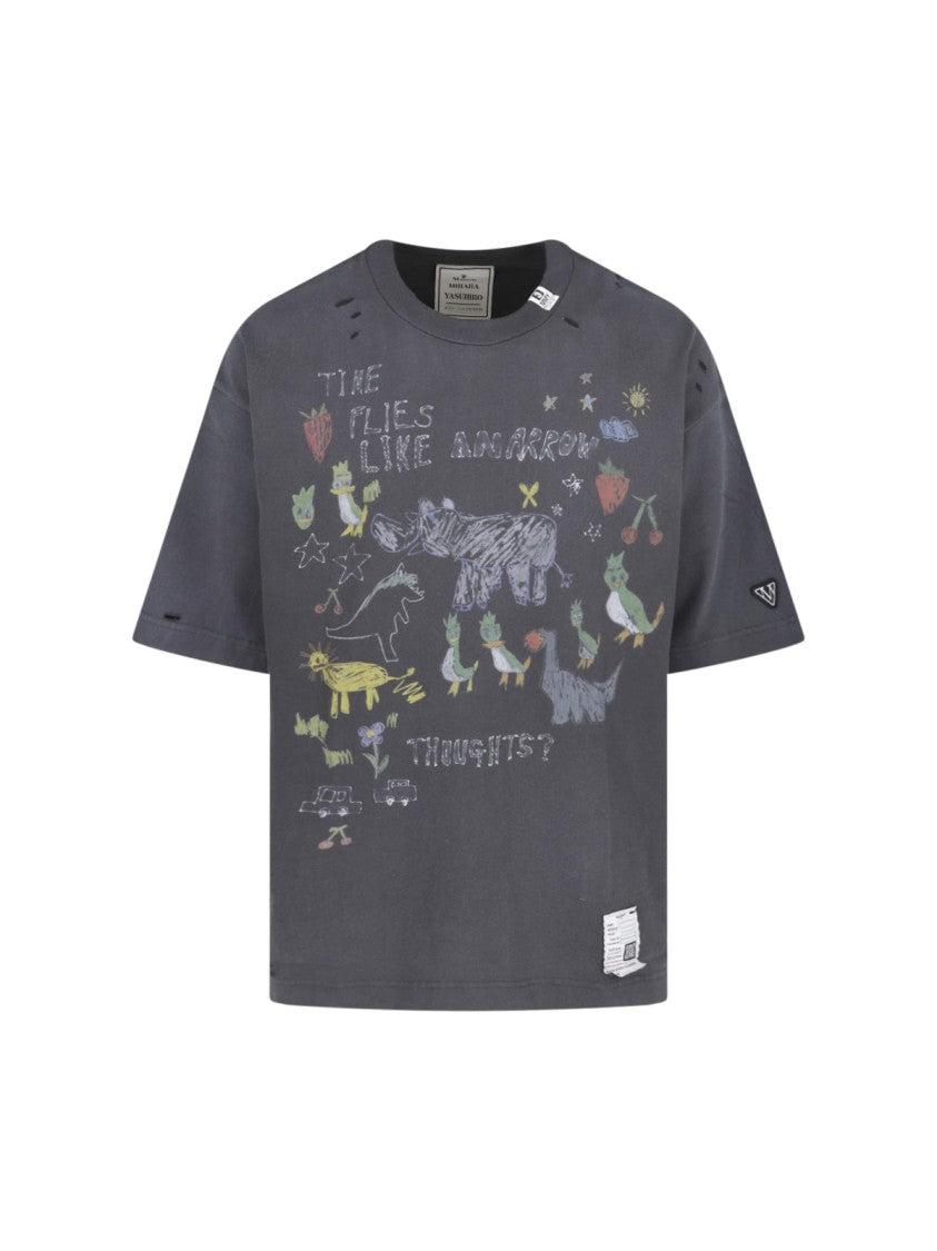 Maison Mihara Yasuhiro Distressed Kids Doodle T-Shirt With Multi-Color Prints
