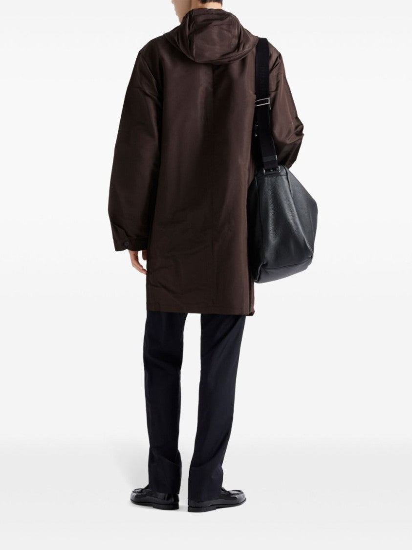 Prada Mid-Thigh Brown Zip-Up Coat With Hood And Subtle Branding