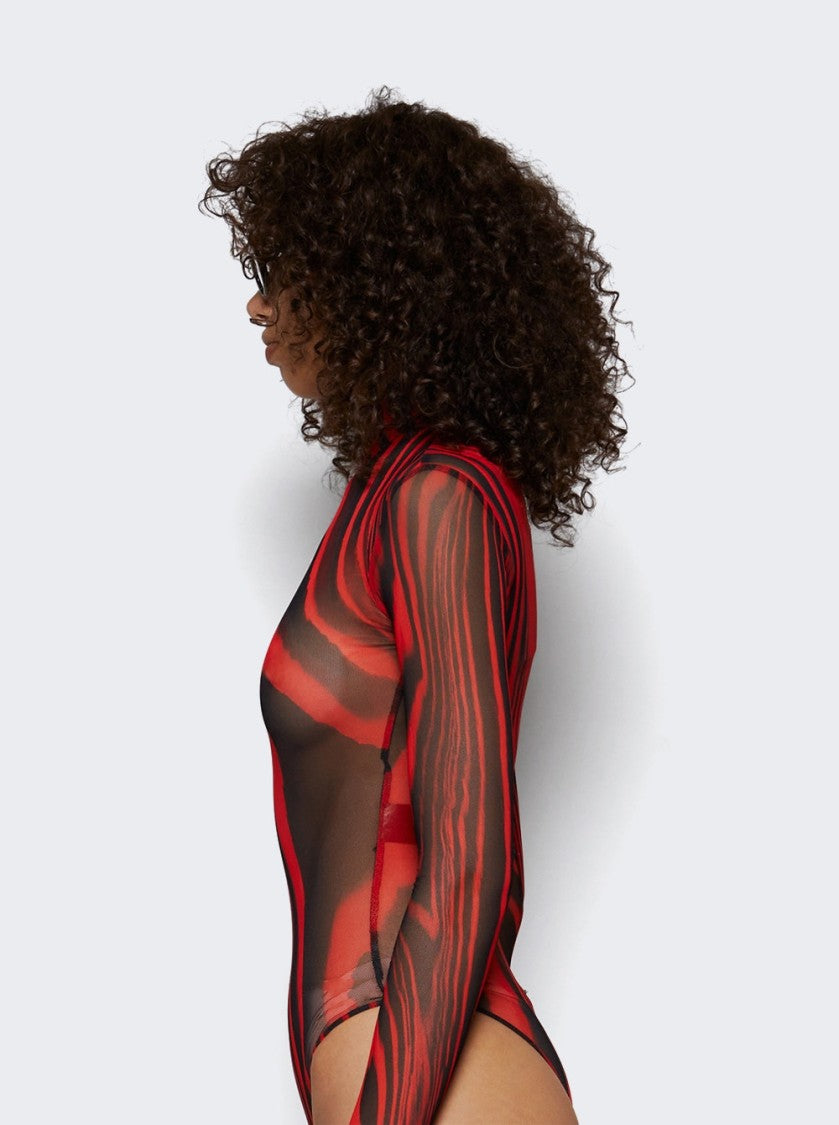 David Koma Printed Mesh Bodysuit Red And Black