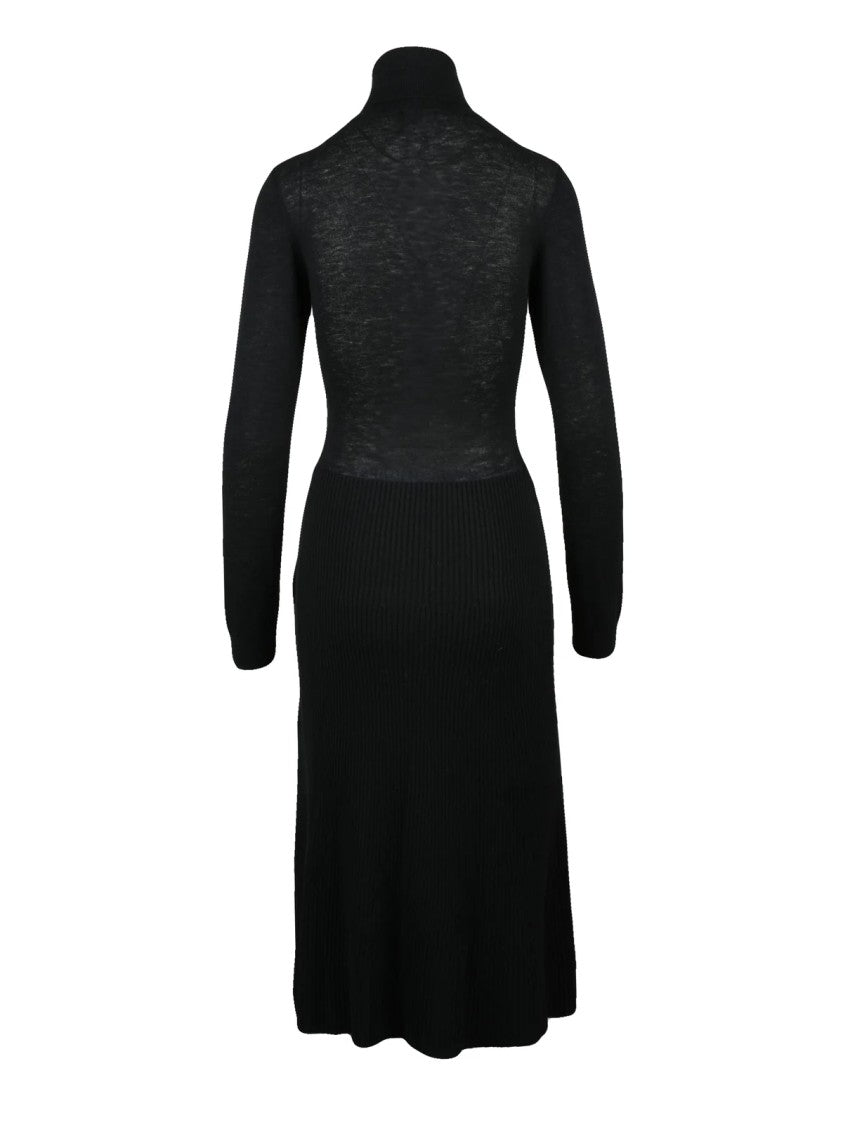 Elisabetta Franchi Black Knit Midi Dress With High Turtleneck And Ribbed Detailing