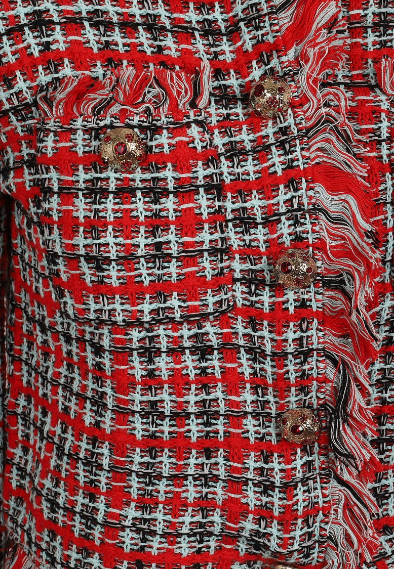 Self-Portrait Checked Cropped Knit Jacket With Frayed Edges