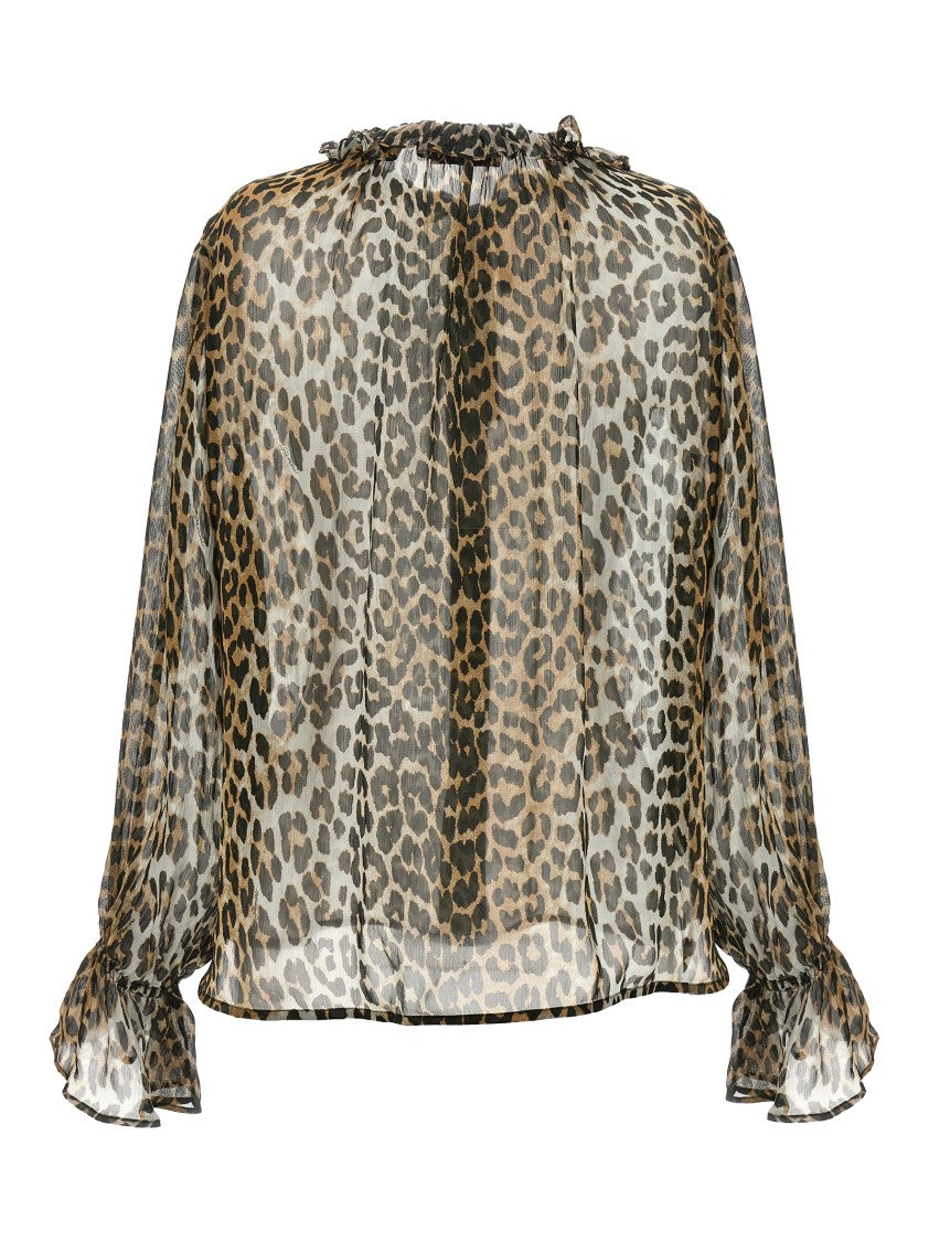 Ganni Leopard Print Chiffon Tie String' Shirt