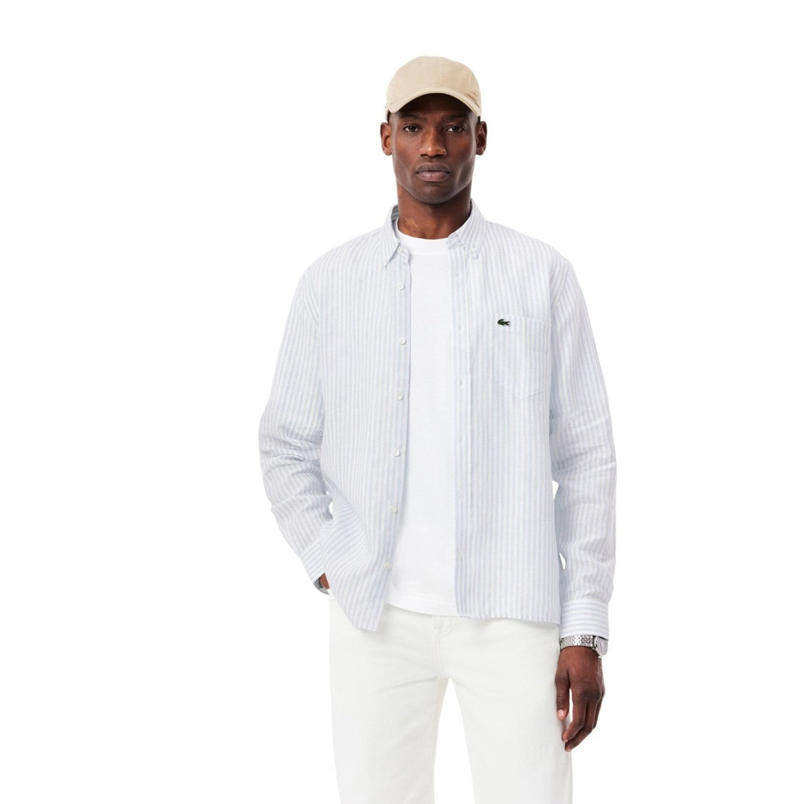 Lacoste Striped Linen Mother-Of-Pearl Button Shirt