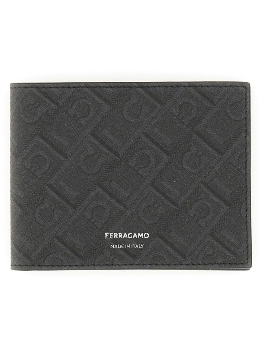 Ferragamo Rectangular Wallet With Textured Monogram And Centered Logo