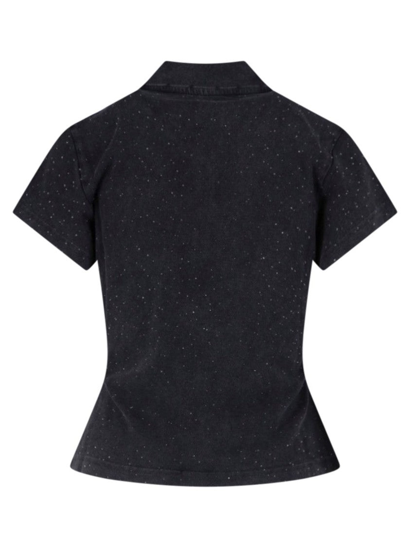 Alexander Wang Black Crystal Shrunker Cropped Cotton Polo Shirt