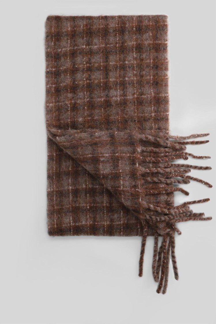 Our Legacy Textured Brown Checkered Scarf With Fringed Edge