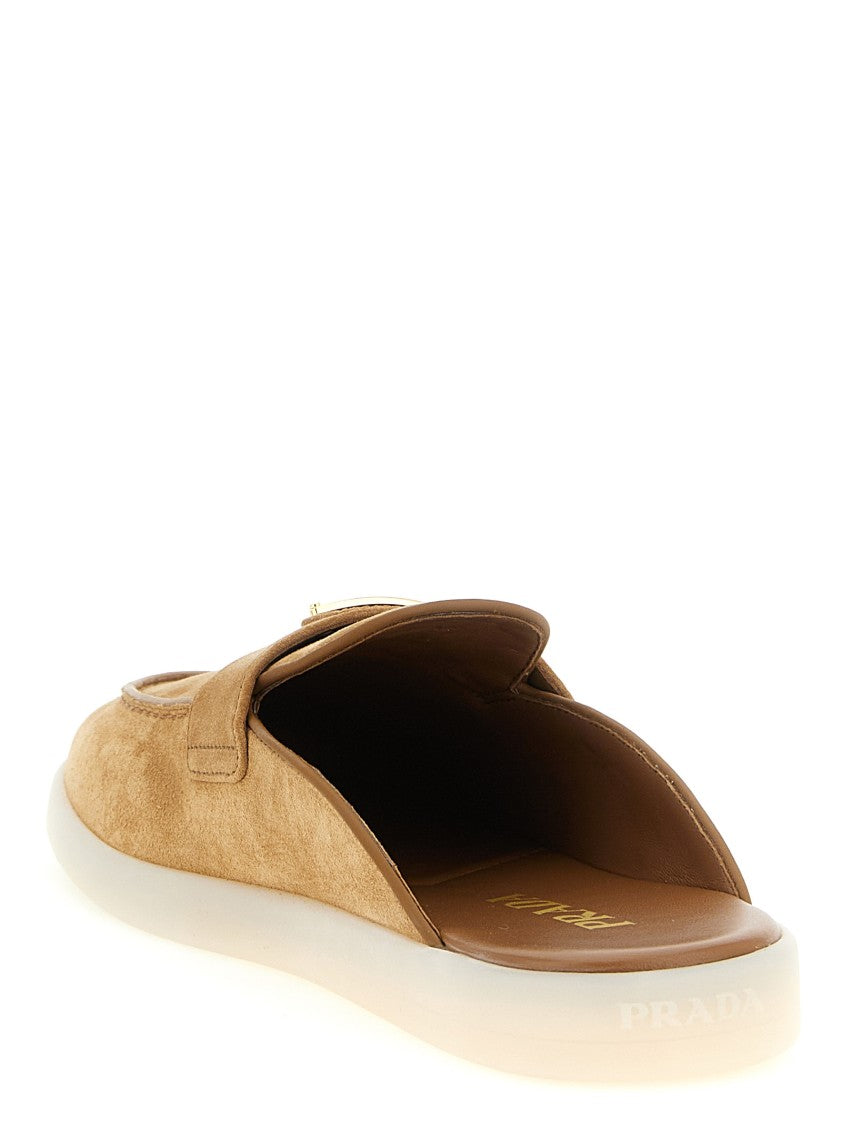 Prada Suede Slip-On Sabots With Enameled Triangle Logo