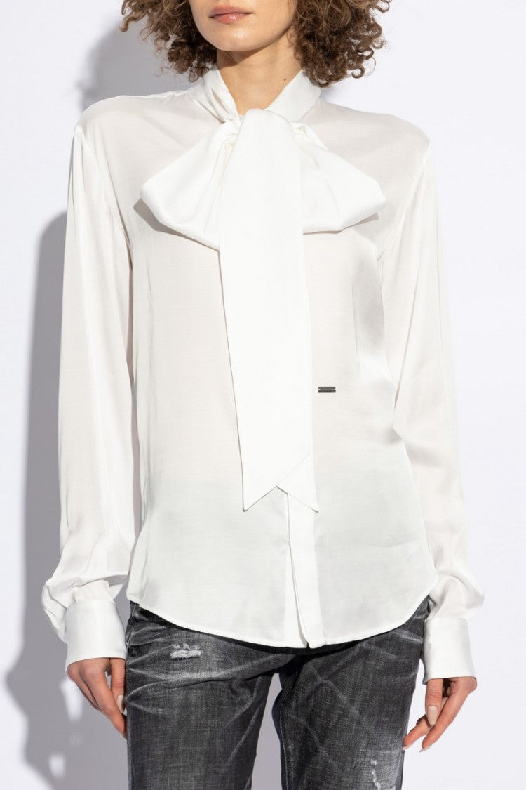 Dsquared2 White Viscose Pussy-Bow Blouse