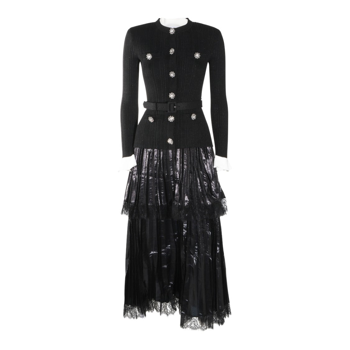 Self-Portrait Fitted Ribbed Knit Belted Midi Dress