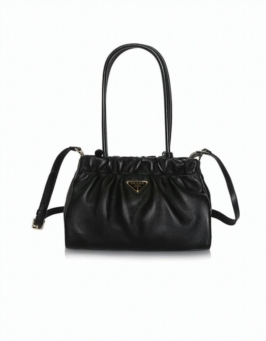 Prada Gathered Top Black Lambskin Shoulder Bag