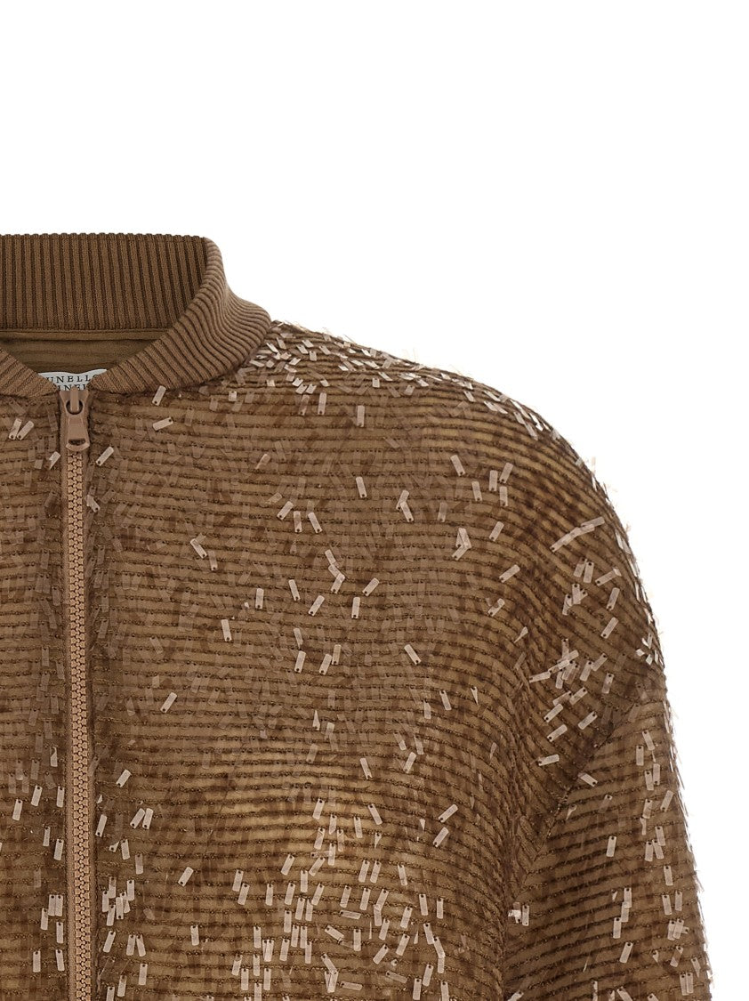 Brunello Cucinelli Sequin Embroidered Silk Bomber Cardigan