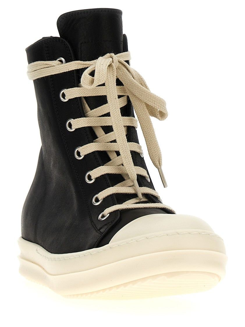 Rick Owens High-Top Black Leather Sneakers With Side Zip And Rubber Sole