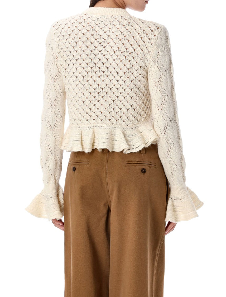 Chloé Pointelle Ruffled Cardigan Knit Sweater