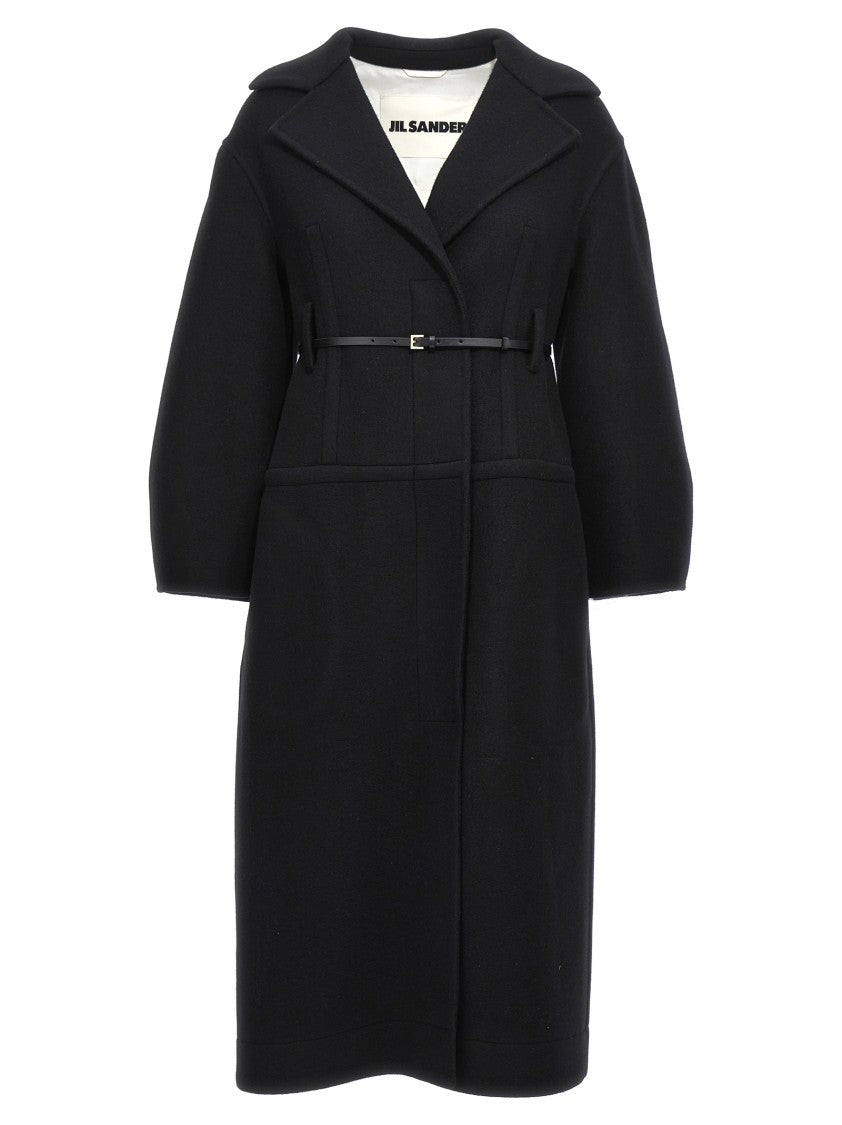 Jil Sander Tailored Long Wool Coat With Structured Lapel And Removable Waist Belt