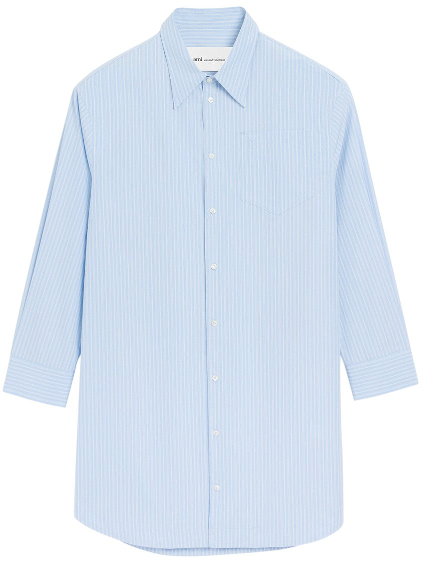 Ami Paris Light Blue Shirt Dress With Vertical Stripes