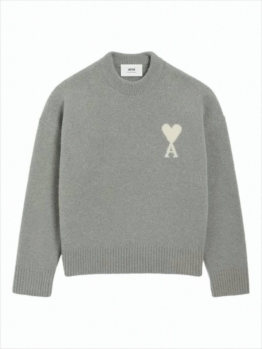 Ami Paris Grey Knit Sweater With Heart Motif