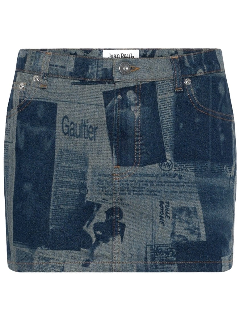 Jean Paul Gaultier Blue Newspaper Print Denim Mini Skirt
