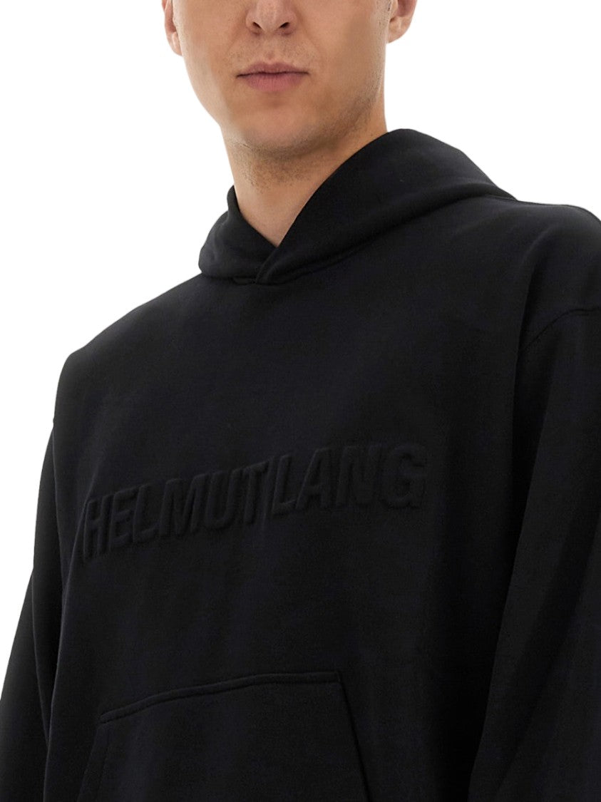 Helmut Lang Black Sweatshirt With Embossed Logo And Kangaroo Pocket