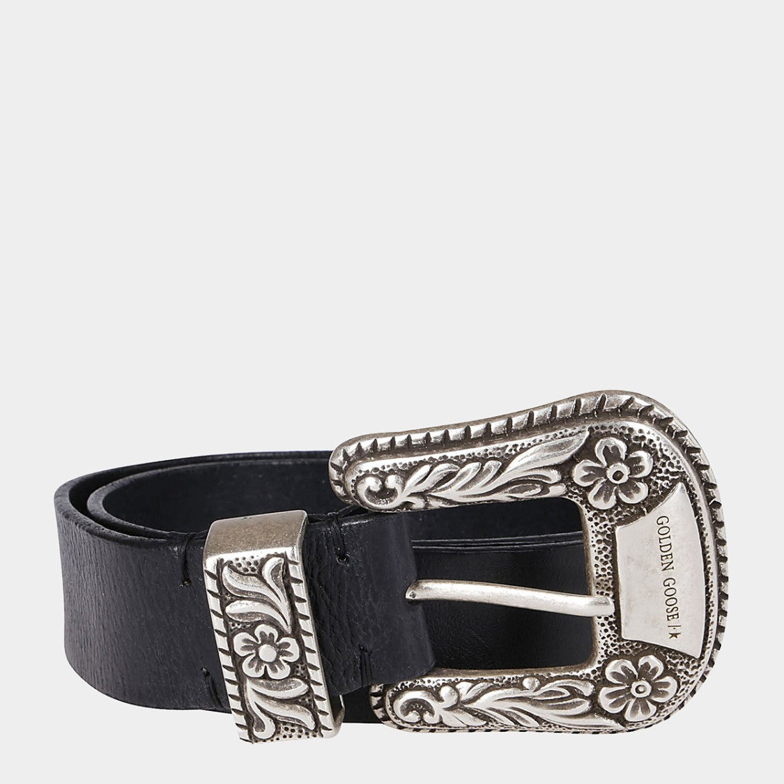 Golden Goose Ornate Black Leather Belt With Intricate Silver Buckle