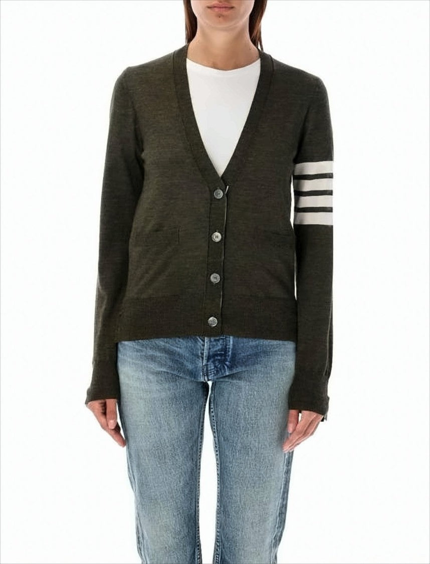 Thom Browne V-Neck Wool Cardigan With Sporty Stripe Detail
