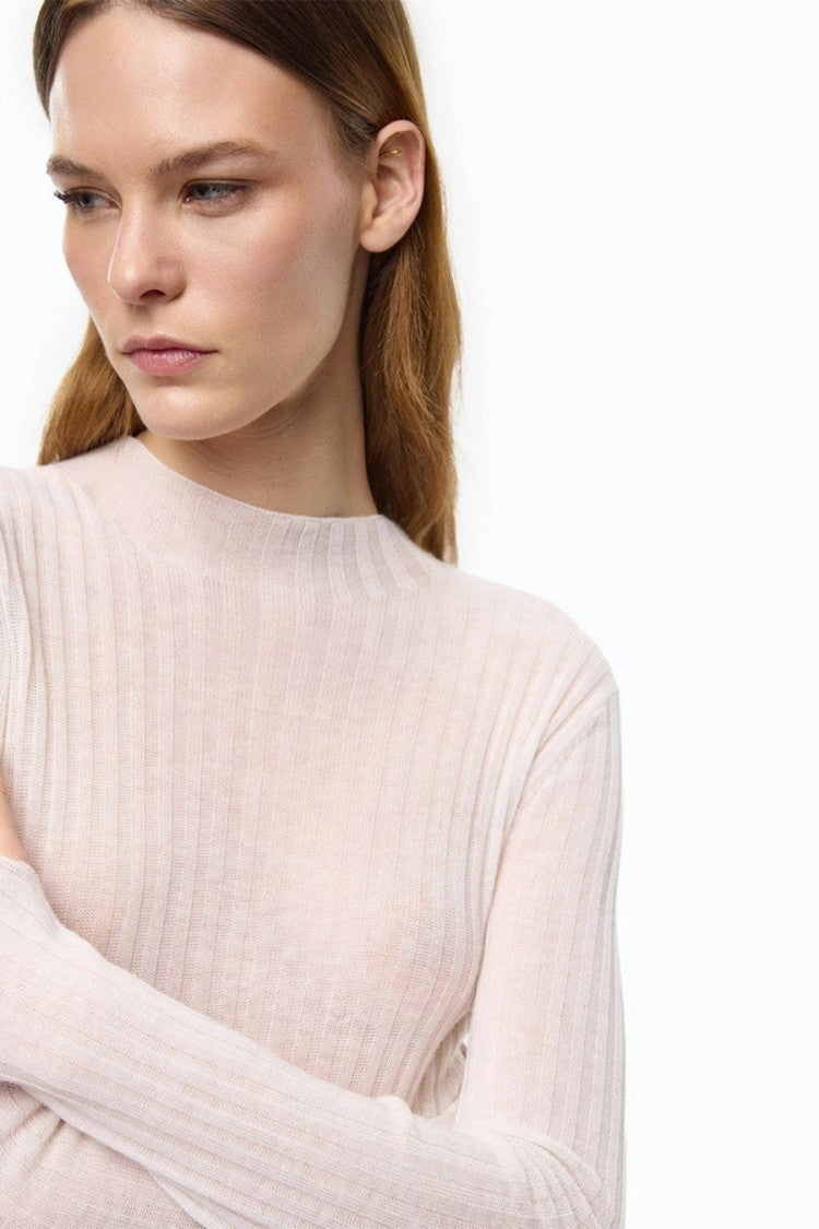Pinko White Wool Ribbed Mock-Neck Sweater