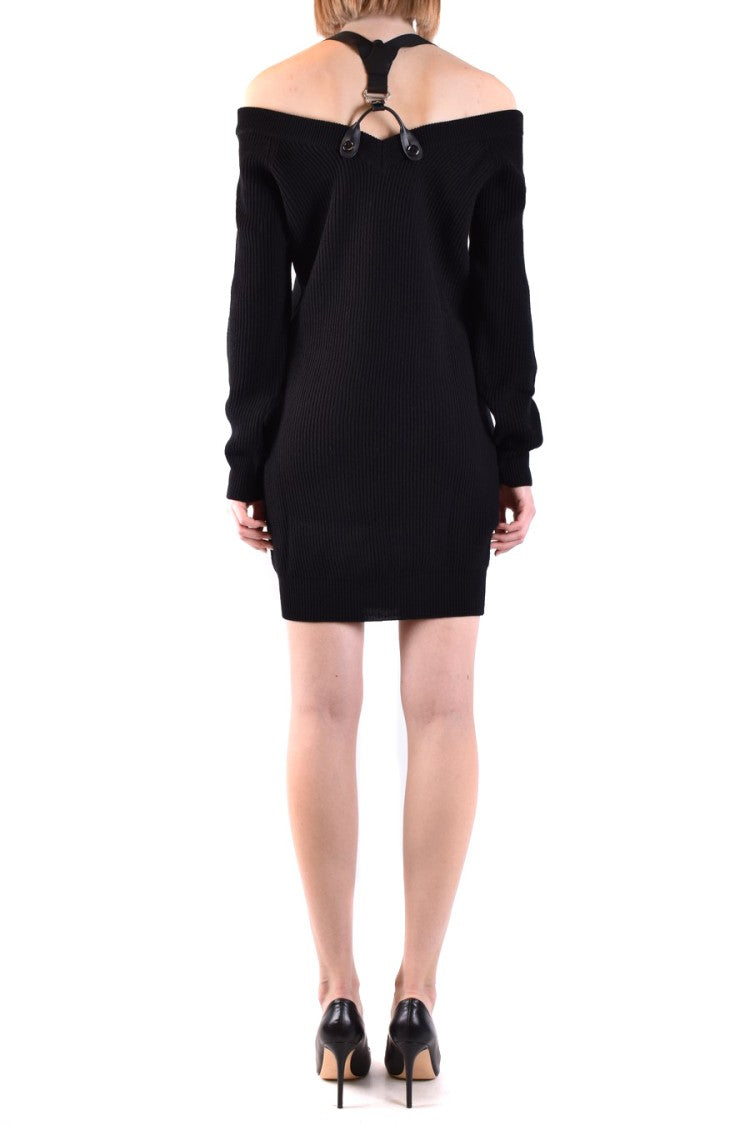 Moschino Fitted Black Wool Mini Dress Off-Shoulder