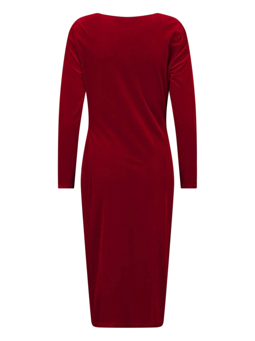 Polo Ralph Lauren Red Ruched Long-Sleeve Velvet Midi Dress