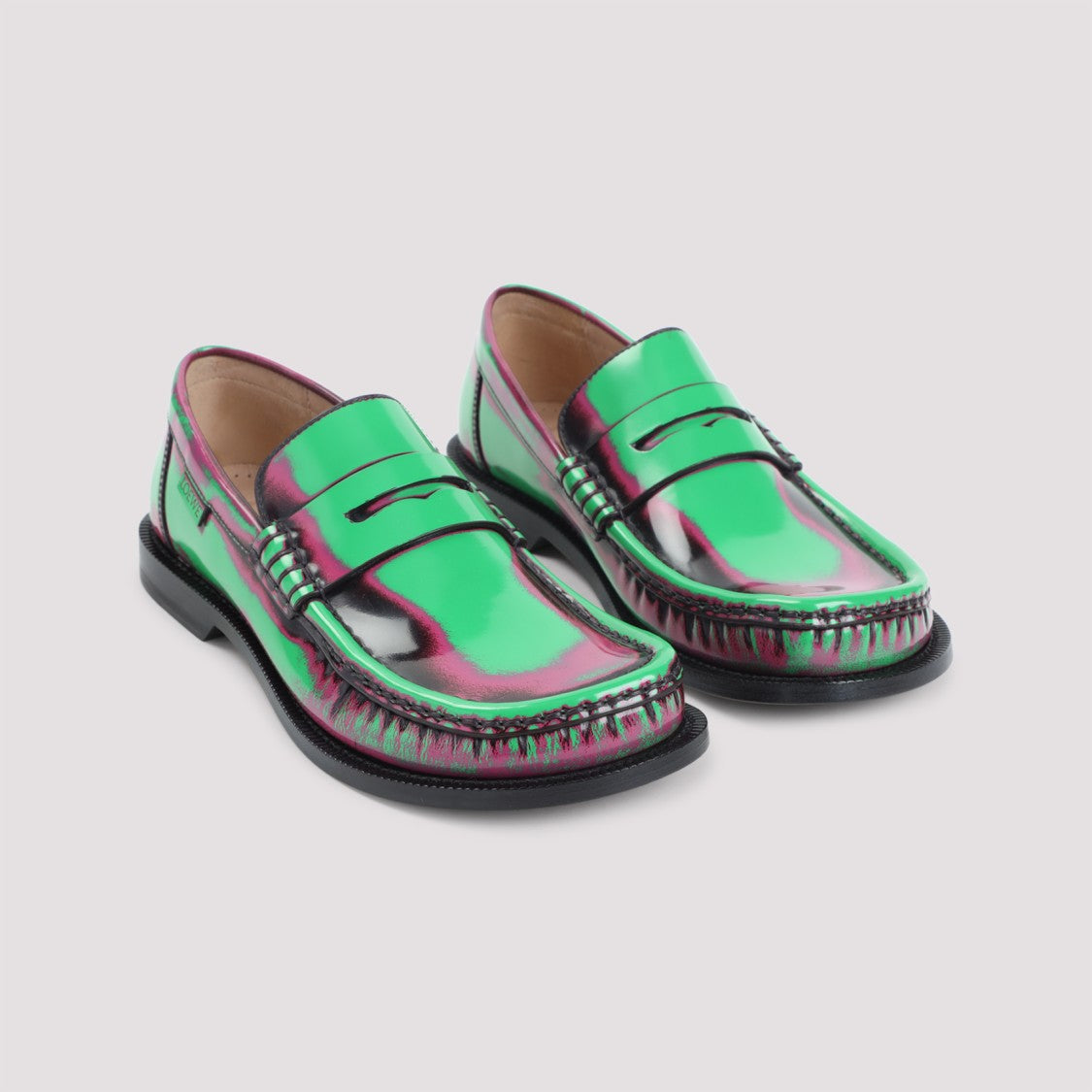Loewe Campo Brushed Green And Pink Calf Leather Loafers
