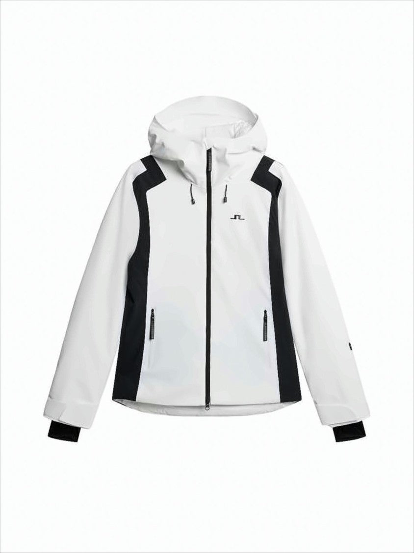 J Lindeberg Sleek White Jacket With Contrasting Black Panels And Adjustable Hood