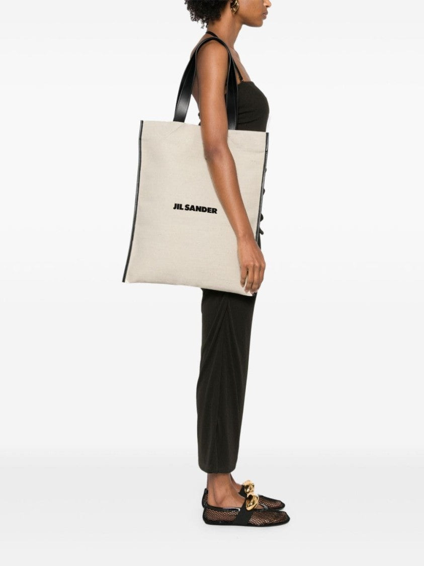 Jil Sander Ivory White Canvas Tote Bag With Leather Trim And Embroidered Logo