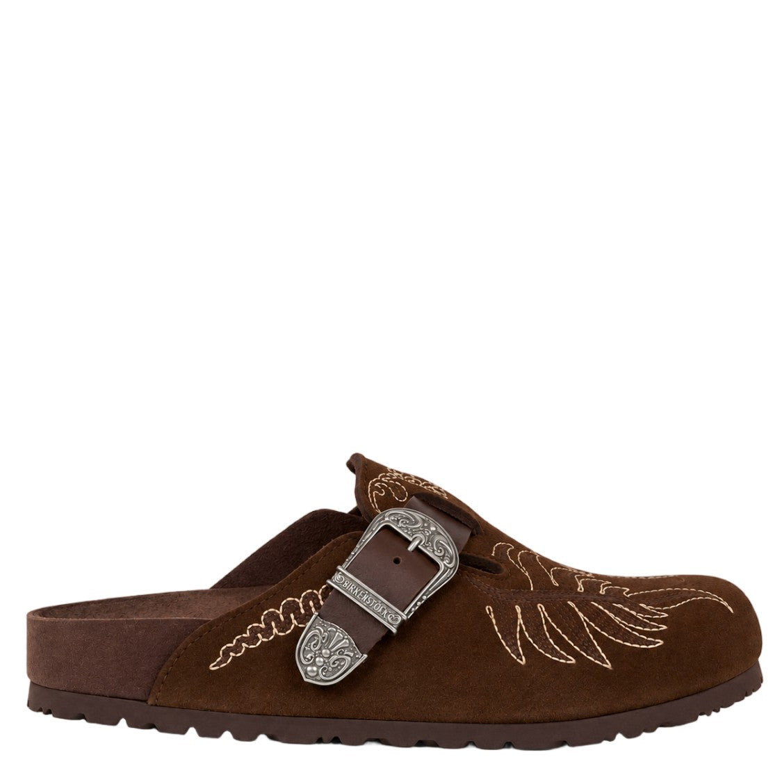Birkenstock X Etro Rich Brown Suede Flats With Intricate Embroidery And Silver Detailing