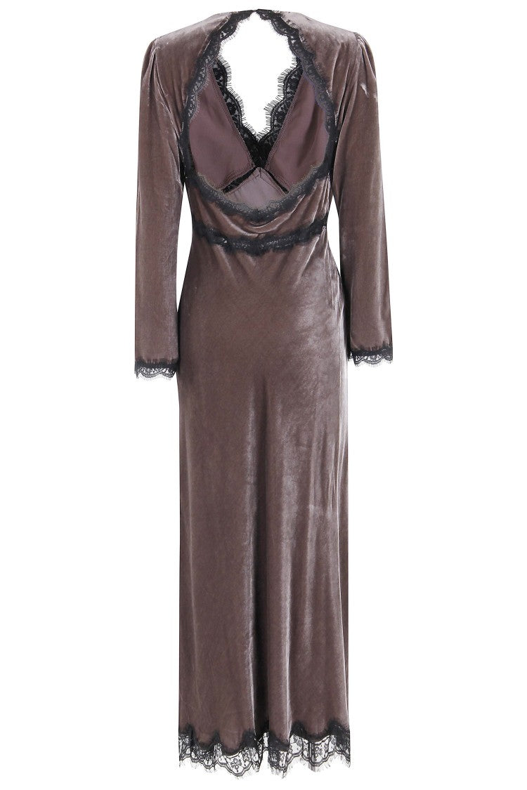 Rixo Brown Velvet Midi Dress With Lace Trim