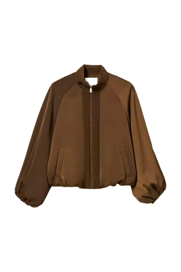 Twin-Set Brown Stand Collar Balloon Sleeve Polyester Bomber Jacket
