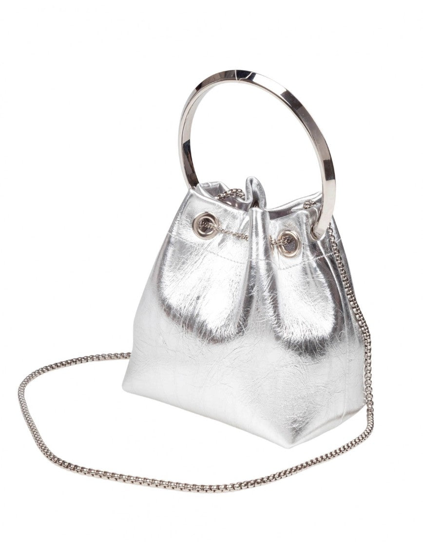 Jimmy Choo Silver Bon Bon Tzz In Metallic Leather Handbag