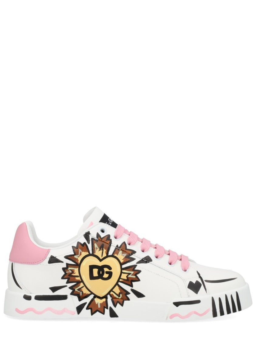 Dolce & Gabbana White Portofino Initials Heart Leather Sneakers