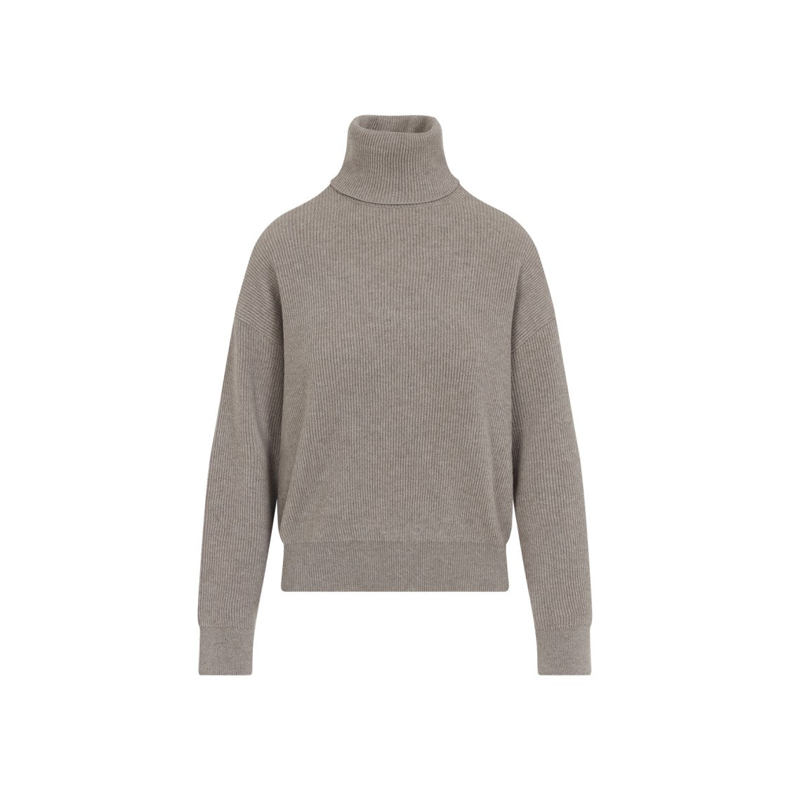 Brunello Cucinelli Beige Wool-Cashmere Turtleneck Pullover With Ribbed Texture