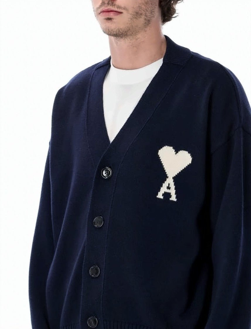 Ami Paris Deep V-Neck Cardigan With Heart Emblem
