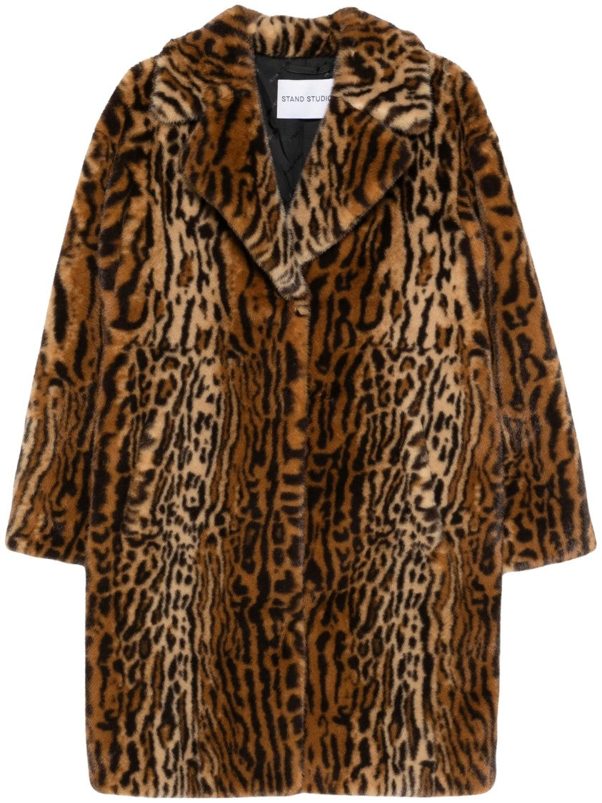 Stand Studio Plush Faux Fur Coat With Bold Animal Print Design