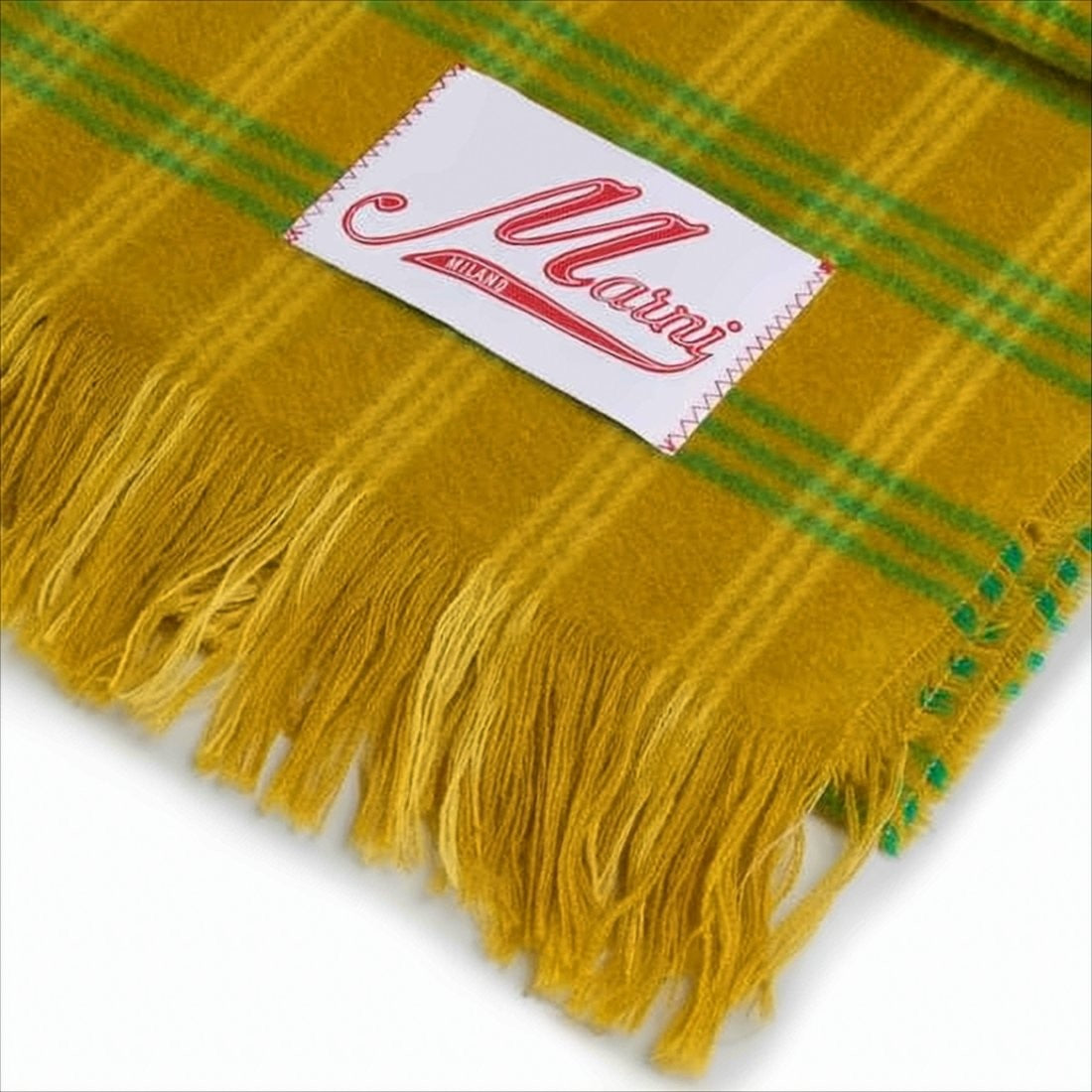 Marni Fringed Mohair Scarf With Green Plaid Accents