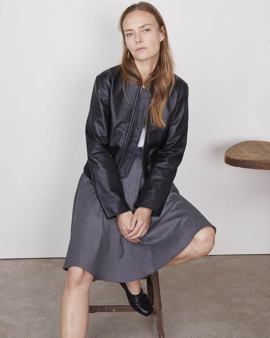 Officine Generale Boxy Black Leather Bomber Jacket