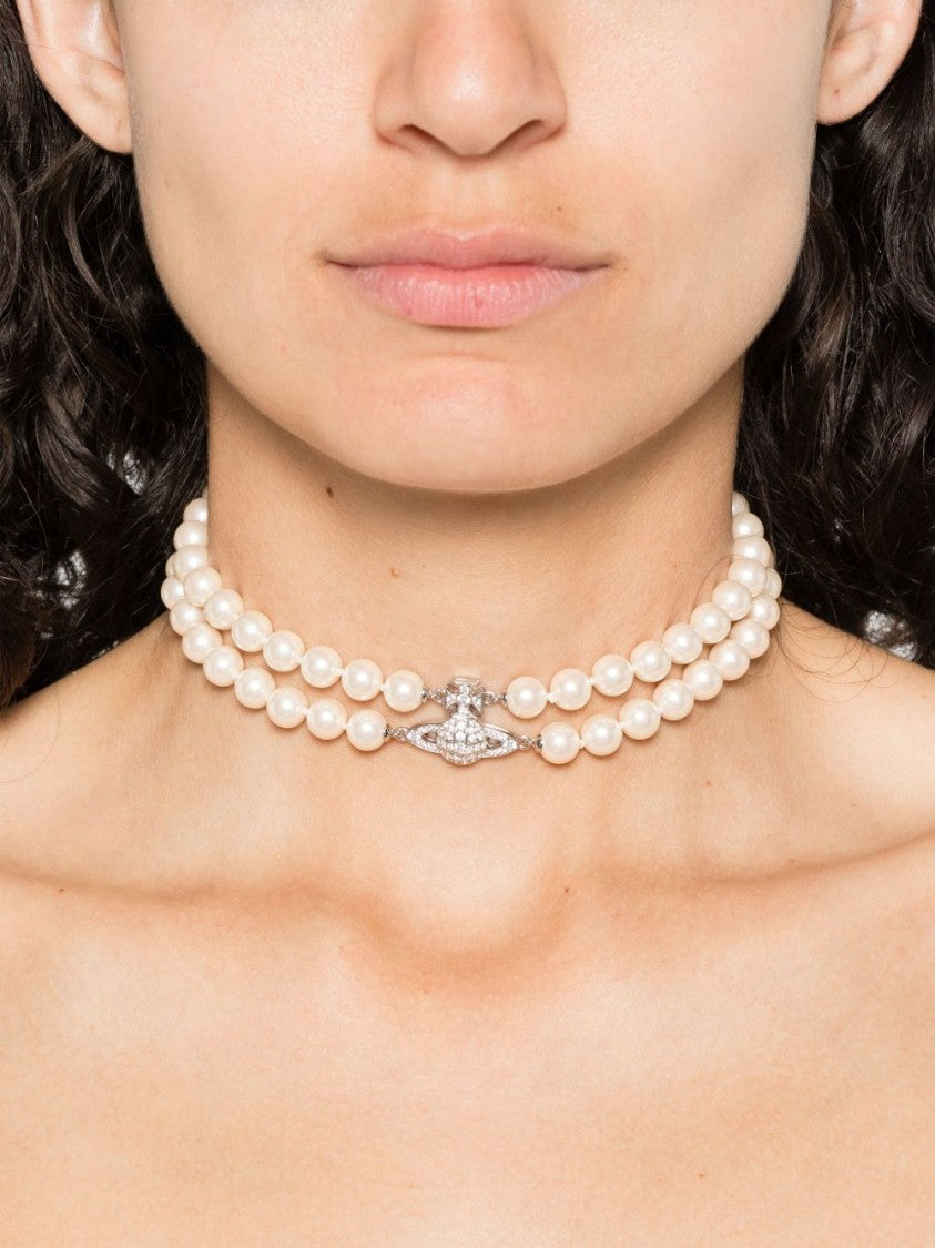 Vivienne Westwood Silver-Tone Double Strand Pearl Crystal Necklace
