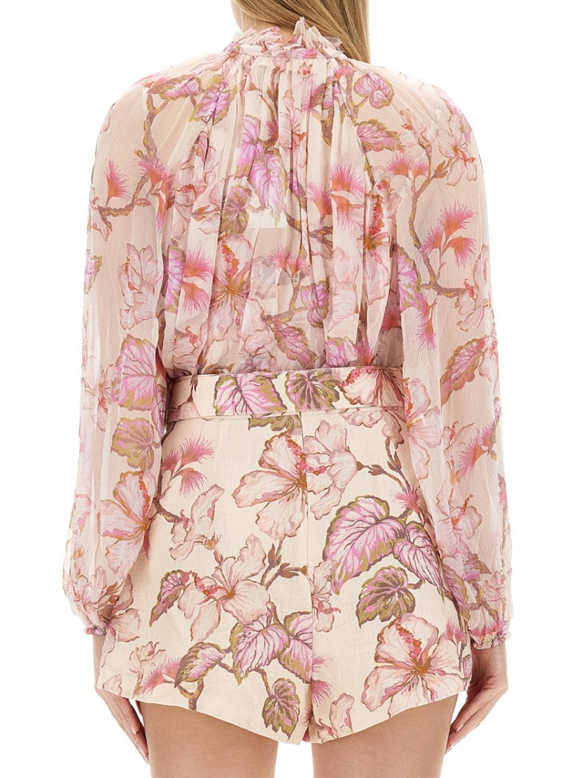 Zimmermann Beige Floral Print Viscose Ruffled Blouse