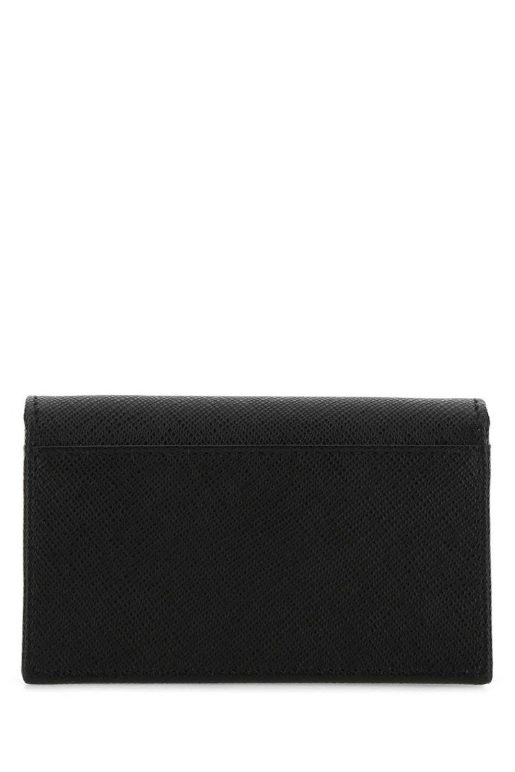 Prada Textured Black Card Wallet With Triangular Metal Logo