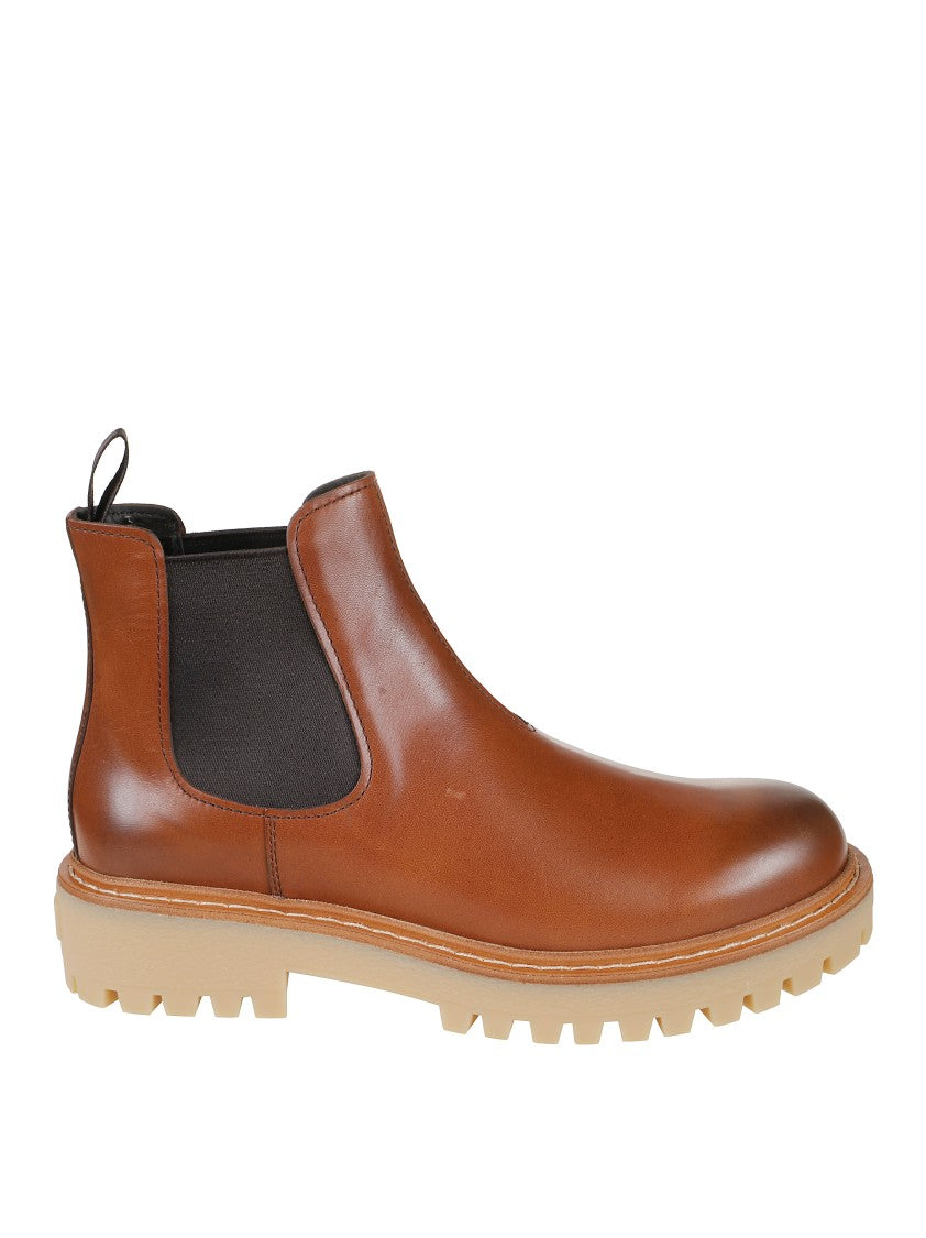 Prada Brown Leather Boots With Elastic Side Panels And Durable Sole